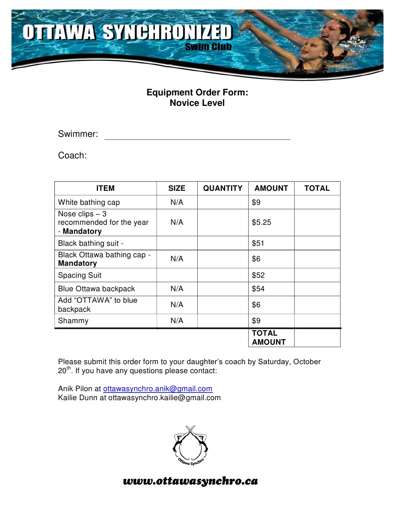 Novice Swimmer Equipment Order Form | PDF | Cooking, Food & Wine