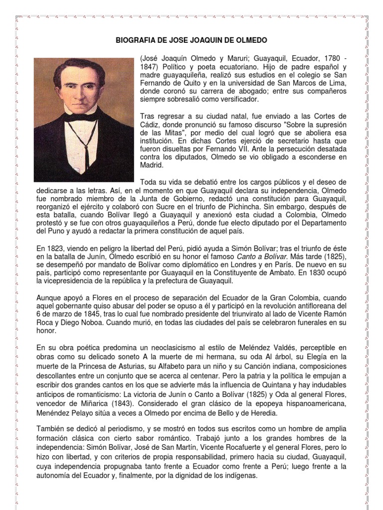 Biografia de Jose Joaquin de Olmedo PDF Agitación Política (general)