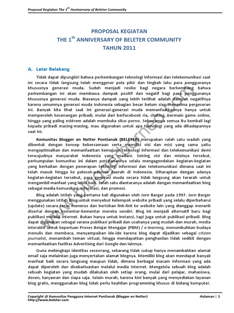 Proposal Kegiatan The 1st Anniversary Of Beleter Community