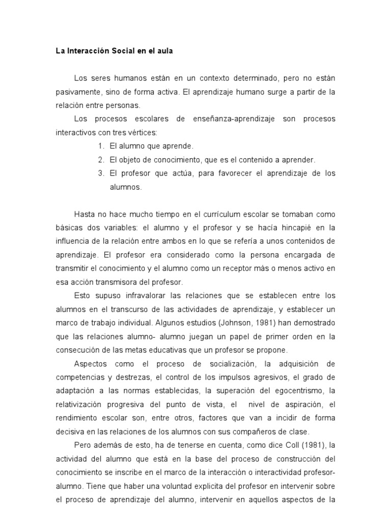 Interacción Social en el Aprendizaje Escolar | PDF