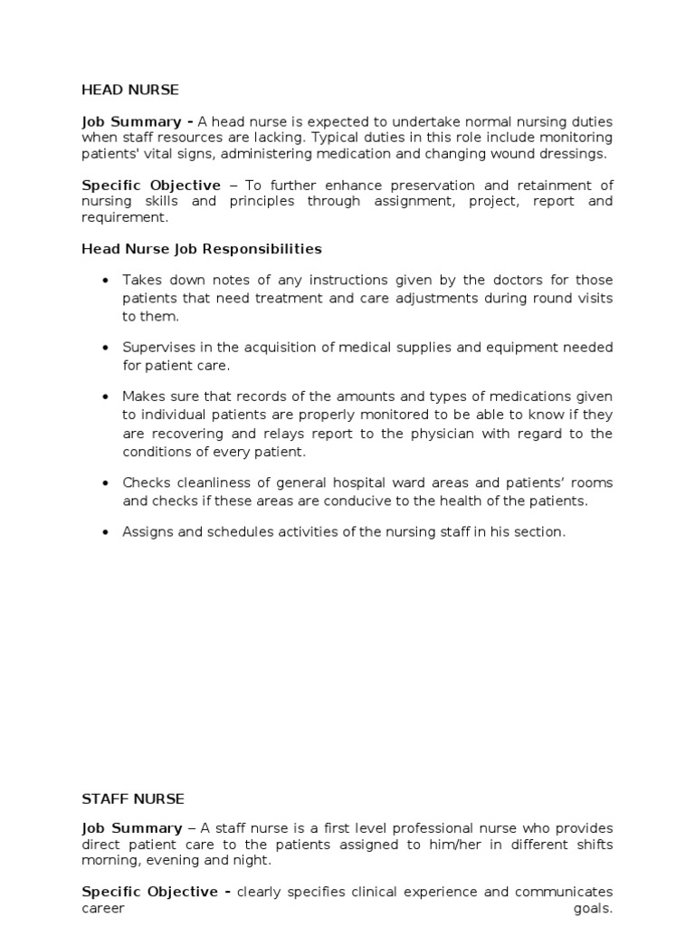 Duties And Responsibilities Of A Head Nurse And Staff Nurse | Pdf