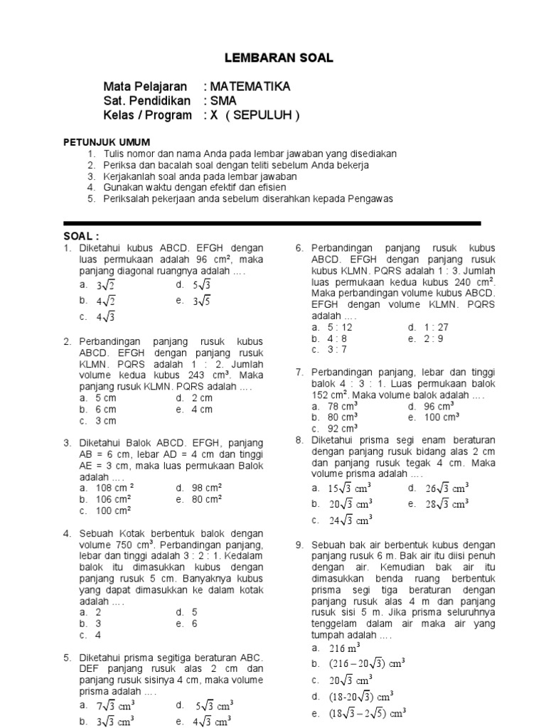Soal Matematika Kelas 10 9