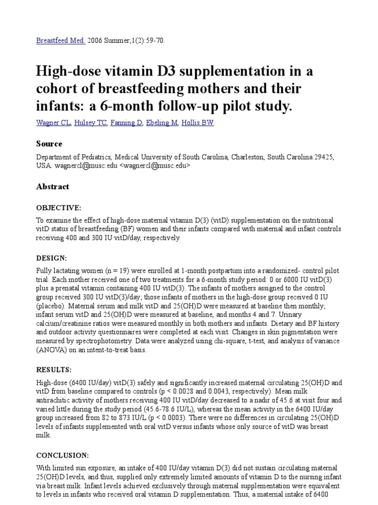 HighDose Vitamin d3 Supplementation in A Cohort of Breastfeeding