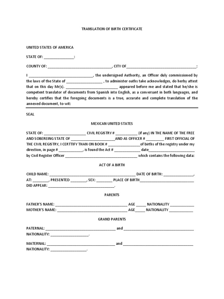 Translation of Birth Certificate  PDF With Regard To Mexican Marriage Certificate Translation Template