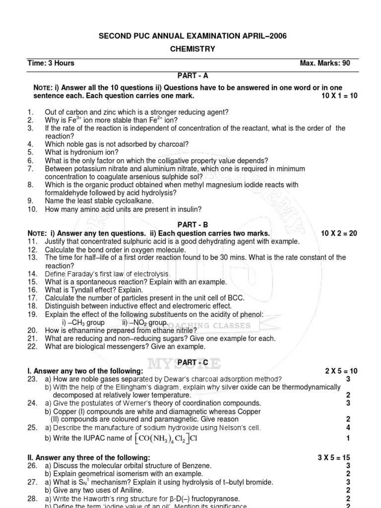 2nd PUC QUESTION PAPERS Chemistry 2006-2010 | Chemical Reactions | Acid