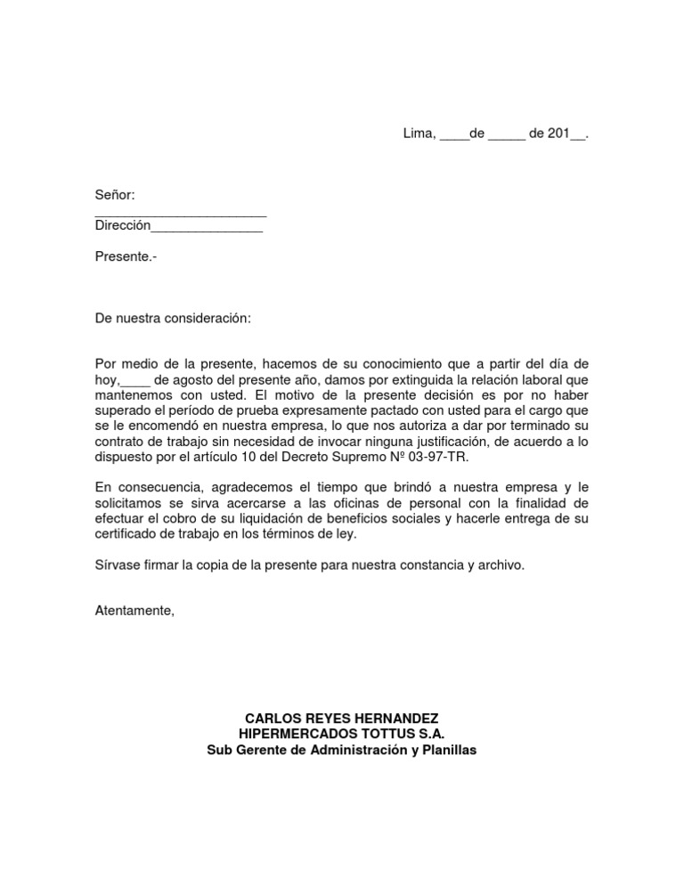 Ejemplo De Carta De Terminacion De Contrato Laboral