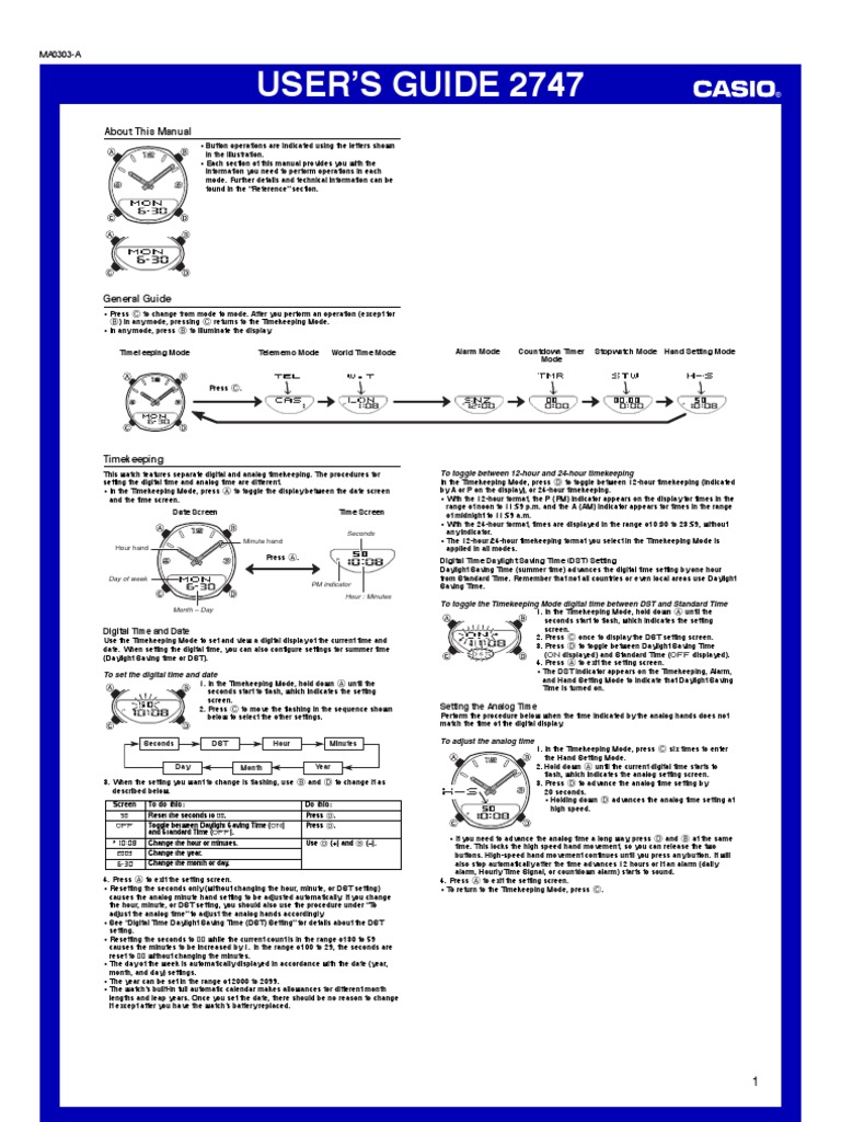 Casio 2747 karóra | Daylight Saving Time | Timer