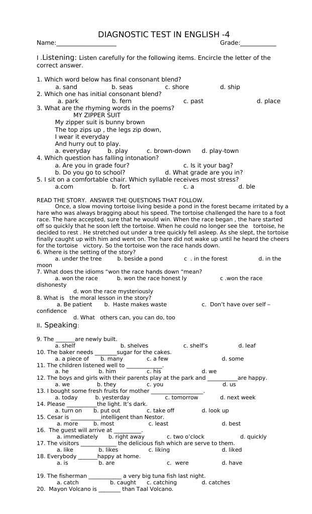 English Language Diagnostic Test | PDF | Linguistics | Languages
