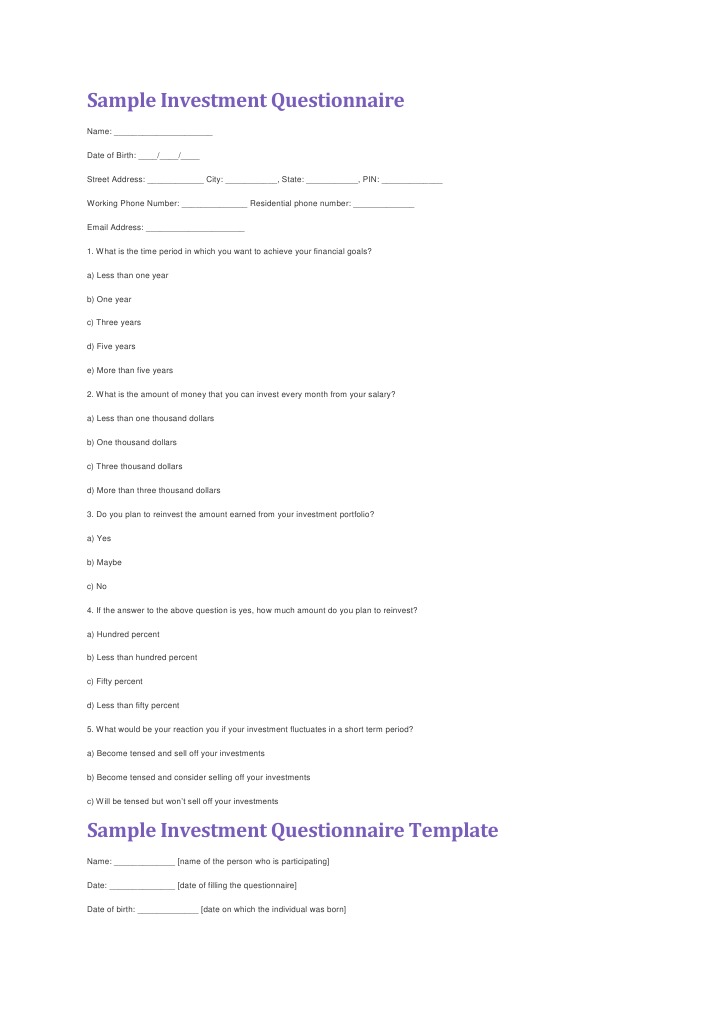Sample Investment Questionnaire by Dinesh Investor Securities (Finance)