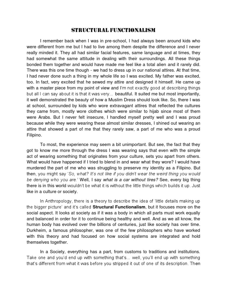 Structural functionalism reflection paper picture