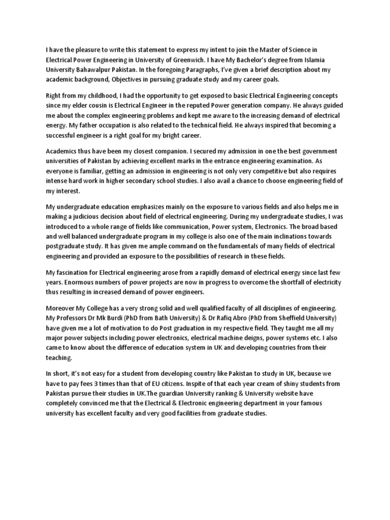 Statement of Purpose For MSC Eectrical Engineering Greenwich University ...