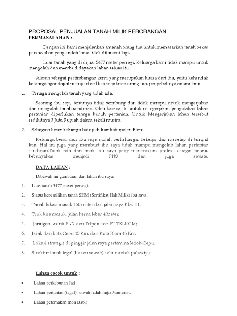 Contoh 1 Proposal Penjualan Tanah Milik Perorangan