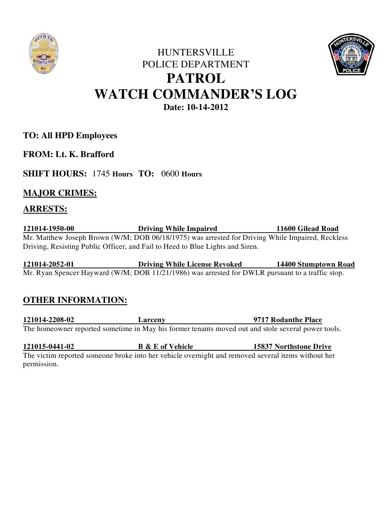 HPD Patrol Watch Log 10-14-12 Night | PDF