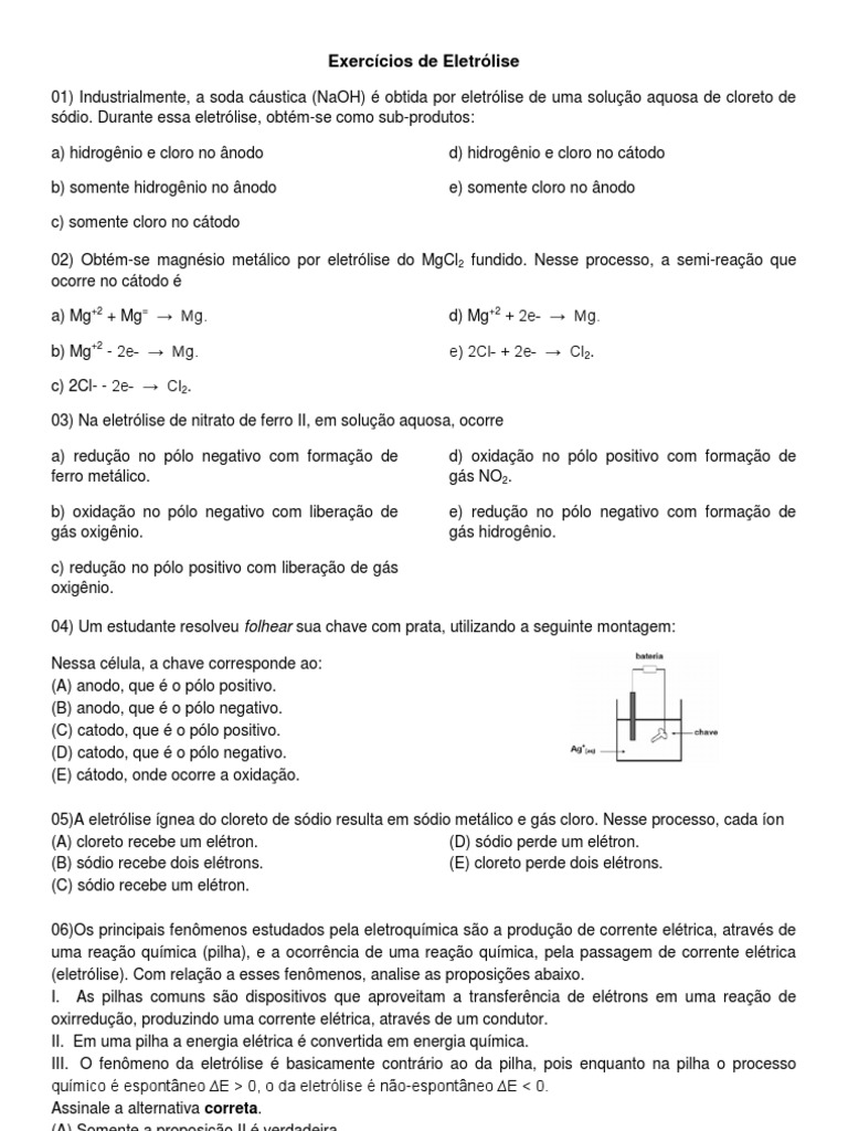 Exercícios de Eletrólise | PDF | Eletrodo | Cloro