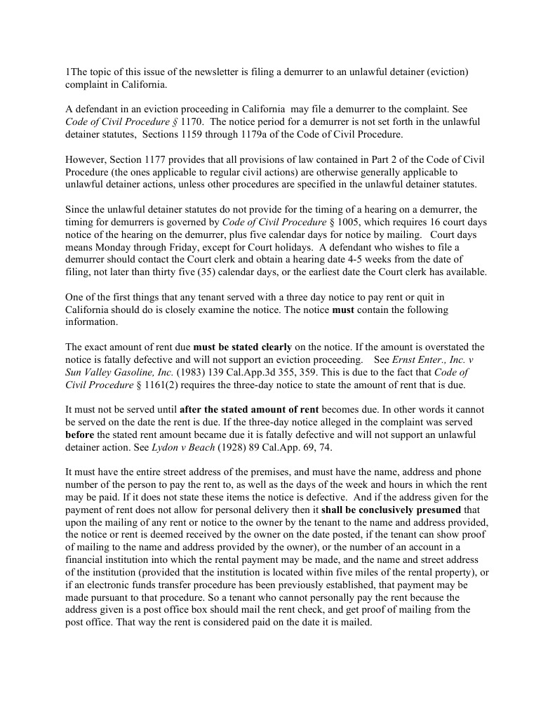 Demurrer To Unlawful Detainer Complaint In California Eviction Demurrer