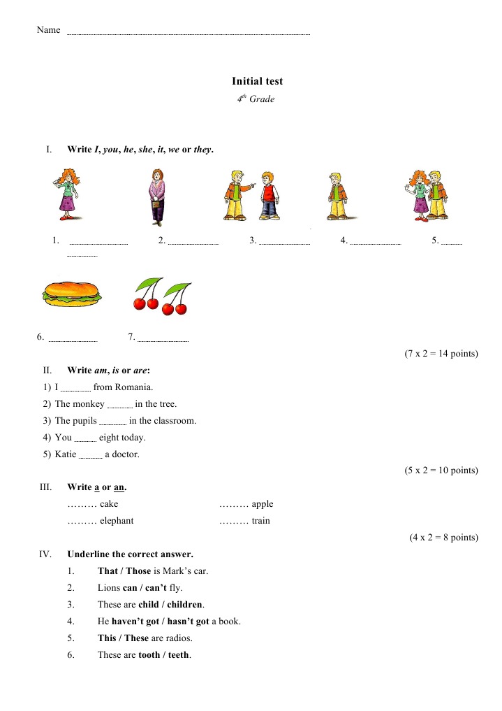 4th Grade English Initial Test | PDF | Teaching Methods & Materials ...