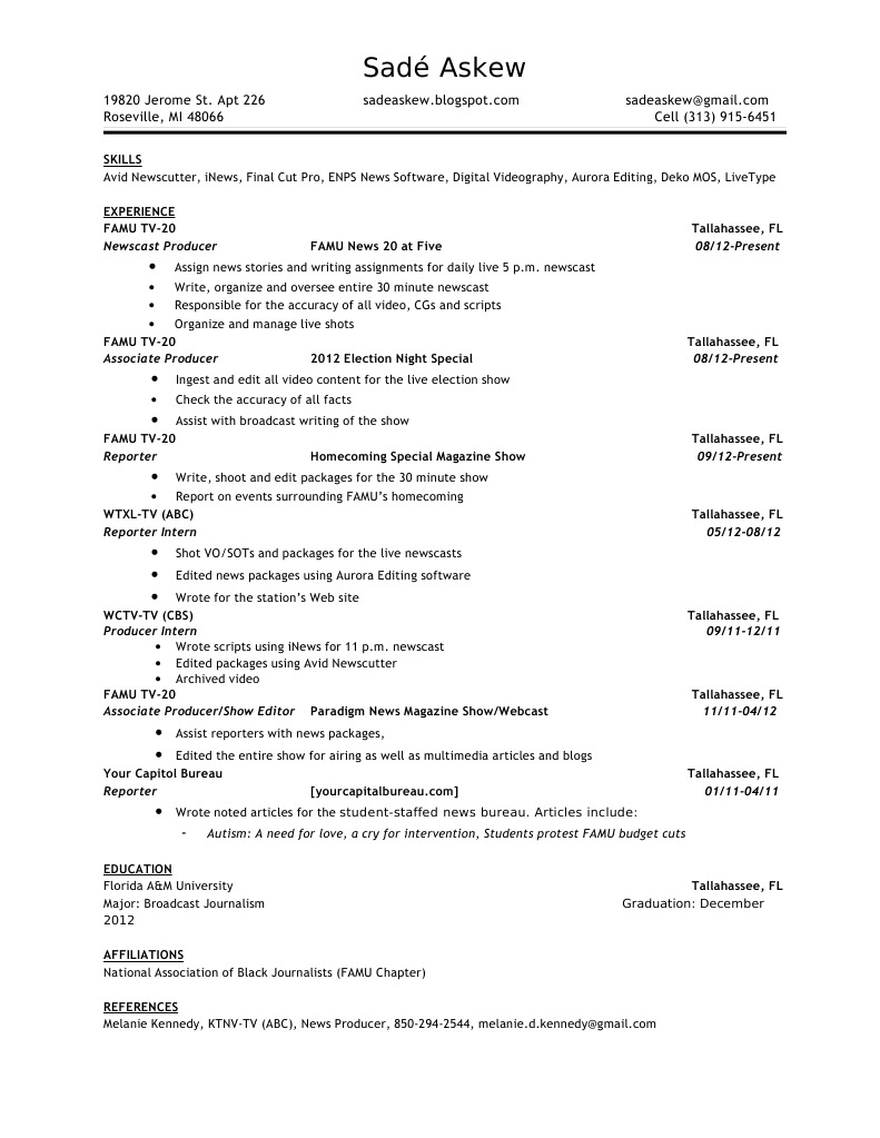 Broadcast Journalism Resume of Sadé Askew | PDF