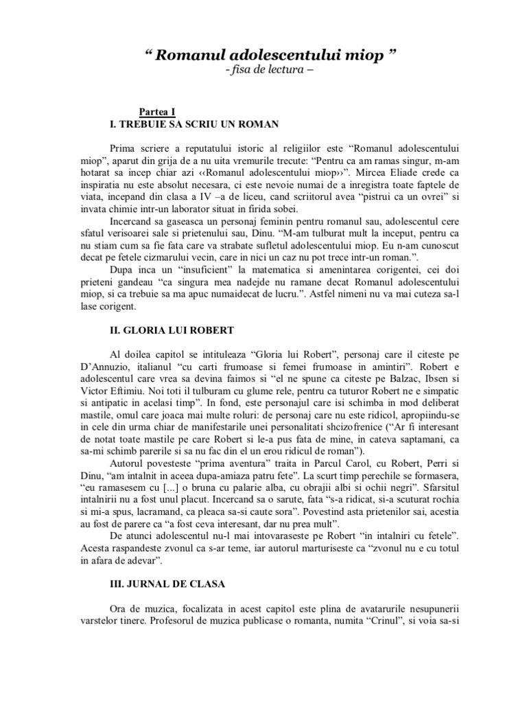 Romanul Adolescentului Miop Fisa De Lectura Wwweducativro Mircea Eliade Romanul Adolescentului Miop Rezumat | PDF