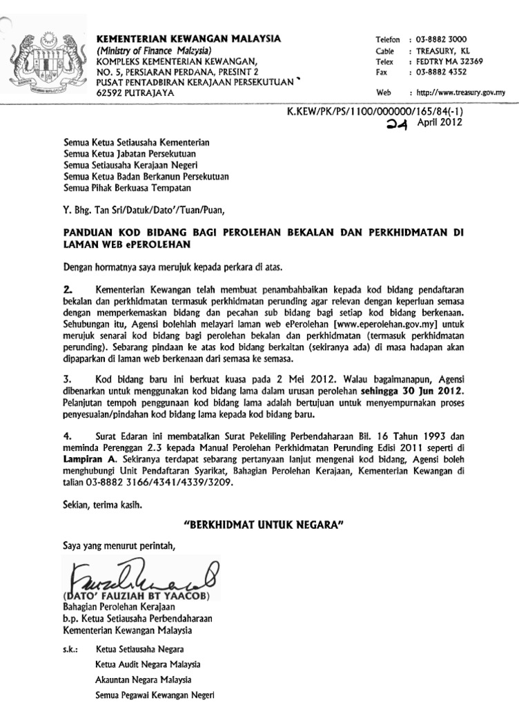 Surat Arahan Perbendaharaan 24 April 2012 Mengenai Kod Bidang Baru 