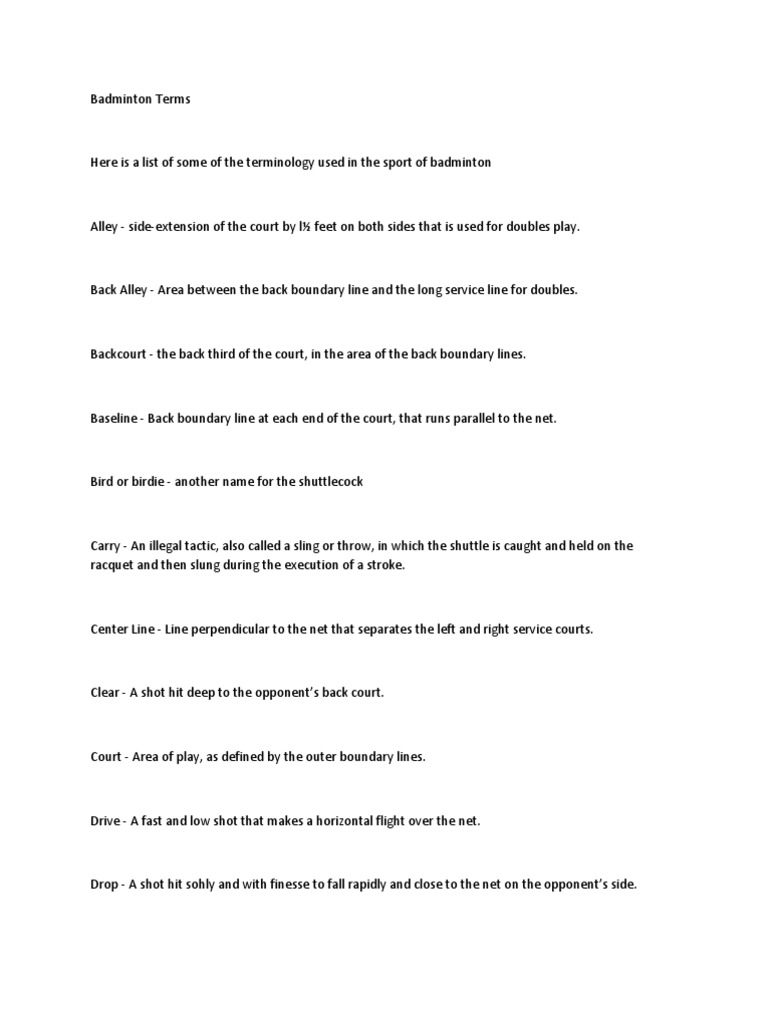 badminton terms