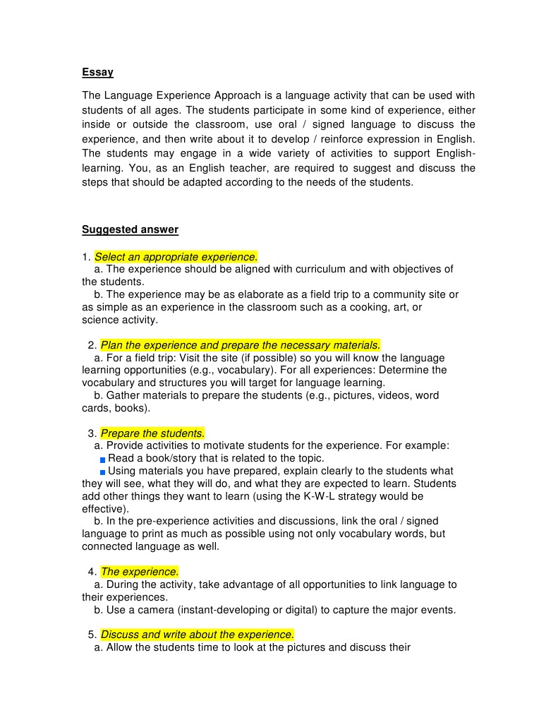 Essay - Suitable Steps in Language Experience Approach | PDF ...