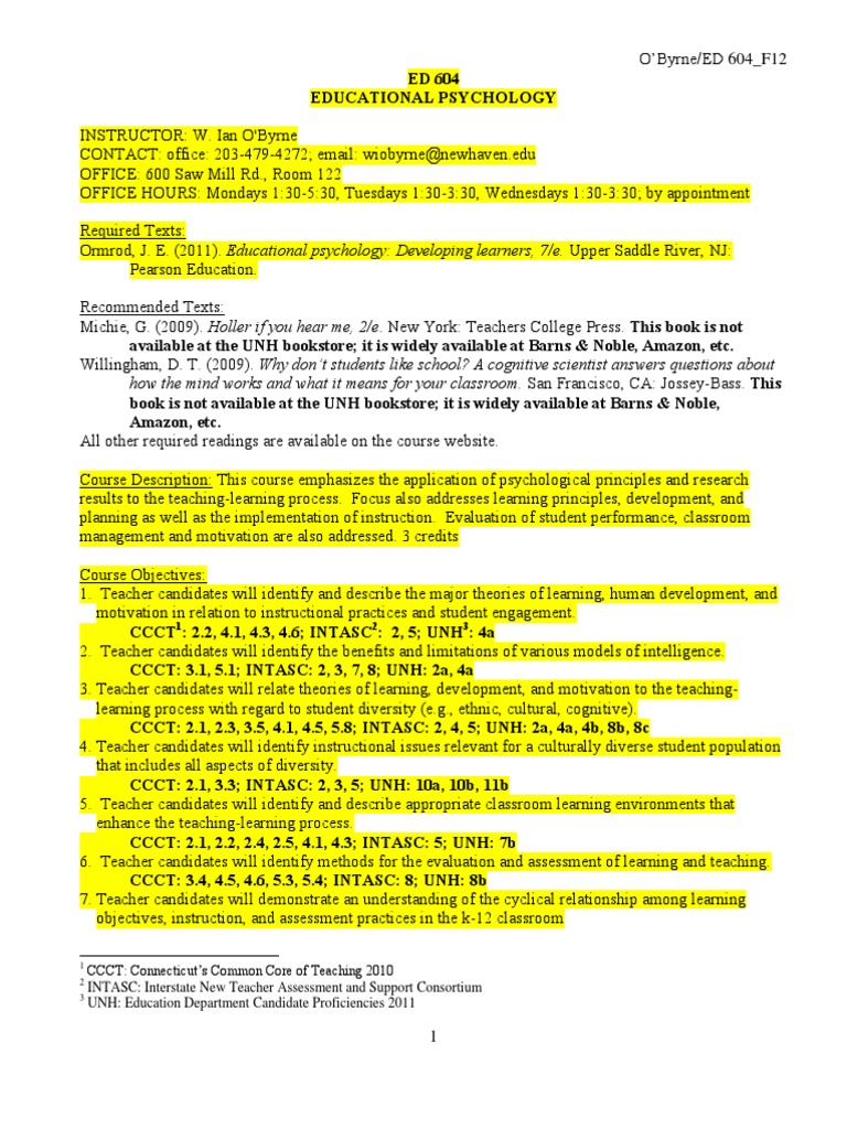 Ed 604 Syllabus F12 Educational Psychology Educational - 