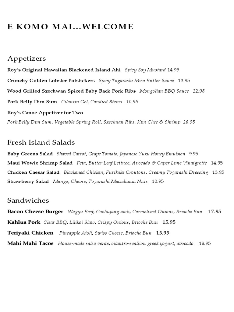 Roy's San Diego Menu Overview | PDF