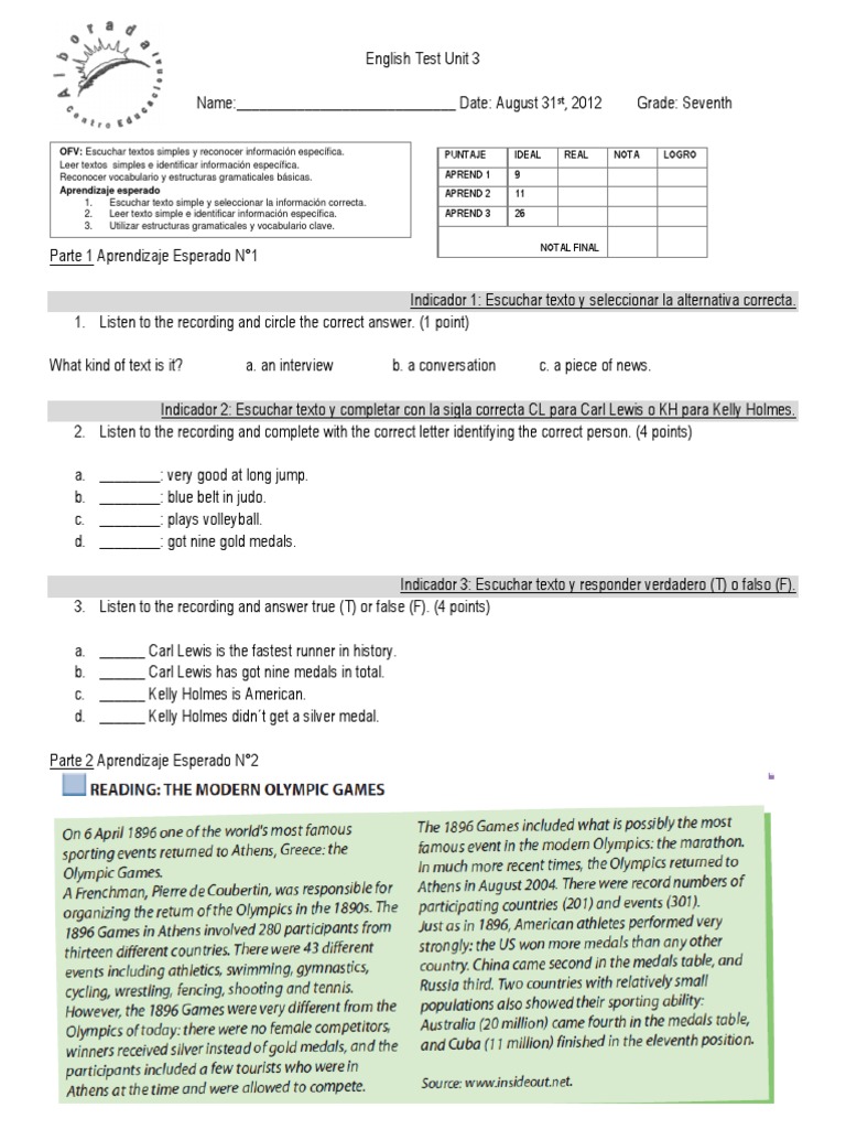 English Test Unit 3 | PDF | Idiomas | Artes del lenguaje y disciplina