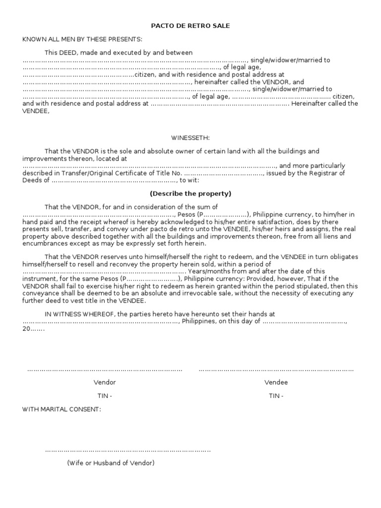 Pacto de Retro Sale - Form | Deed | Law And Economics