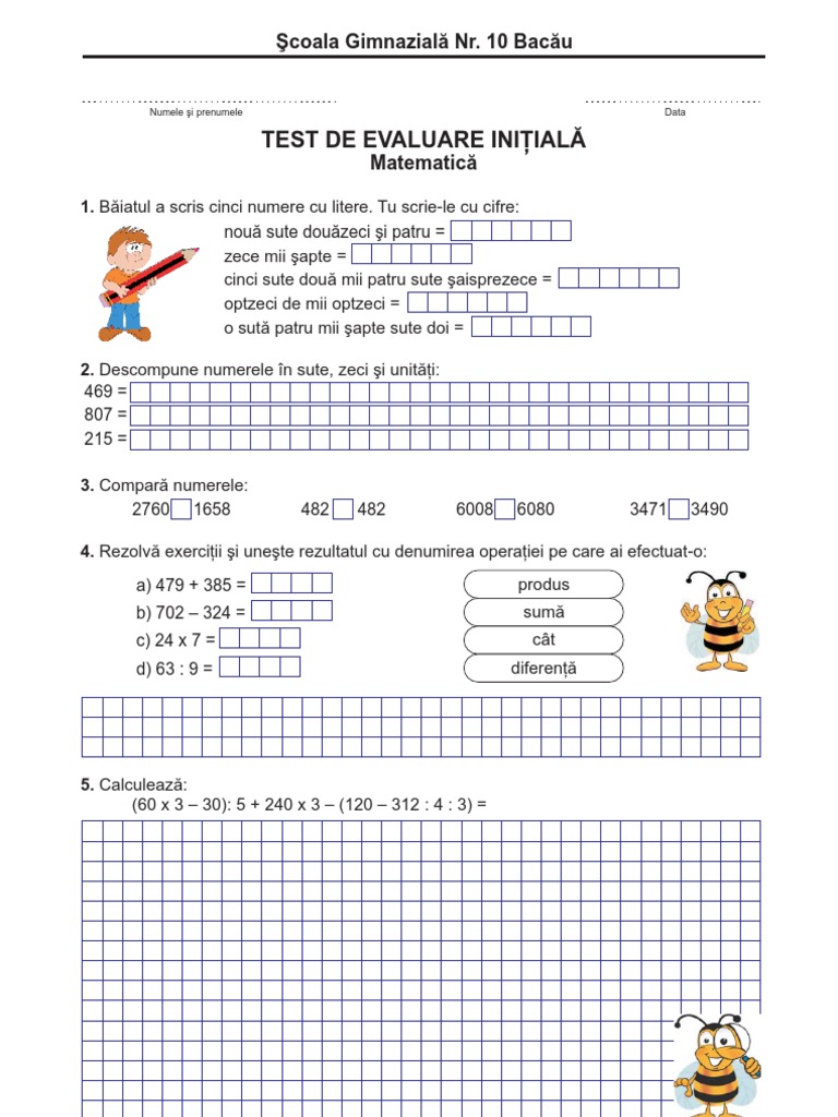 Test IniÅ£ial La MatematicÄƒ Clasa A Iv A