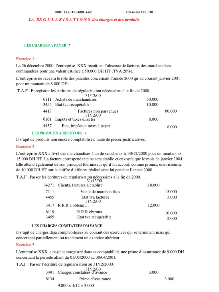 Régularisation Des Charges Et Produits Exercices Corrigés Pdf