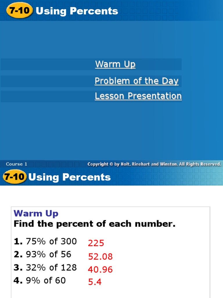 Warm Up Problem of The Day: Course 1 Course 1 | PDF | Gratuity | Percentage
