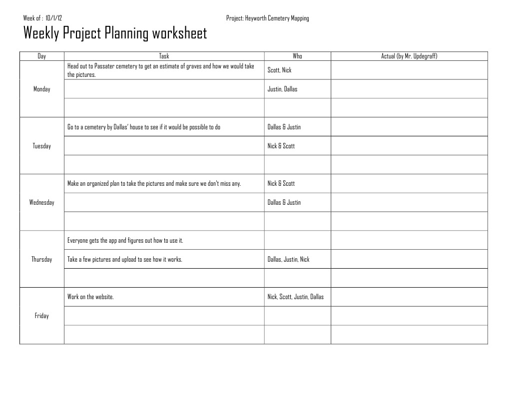 Weekly Project Planning Worksheet 2012 PDF