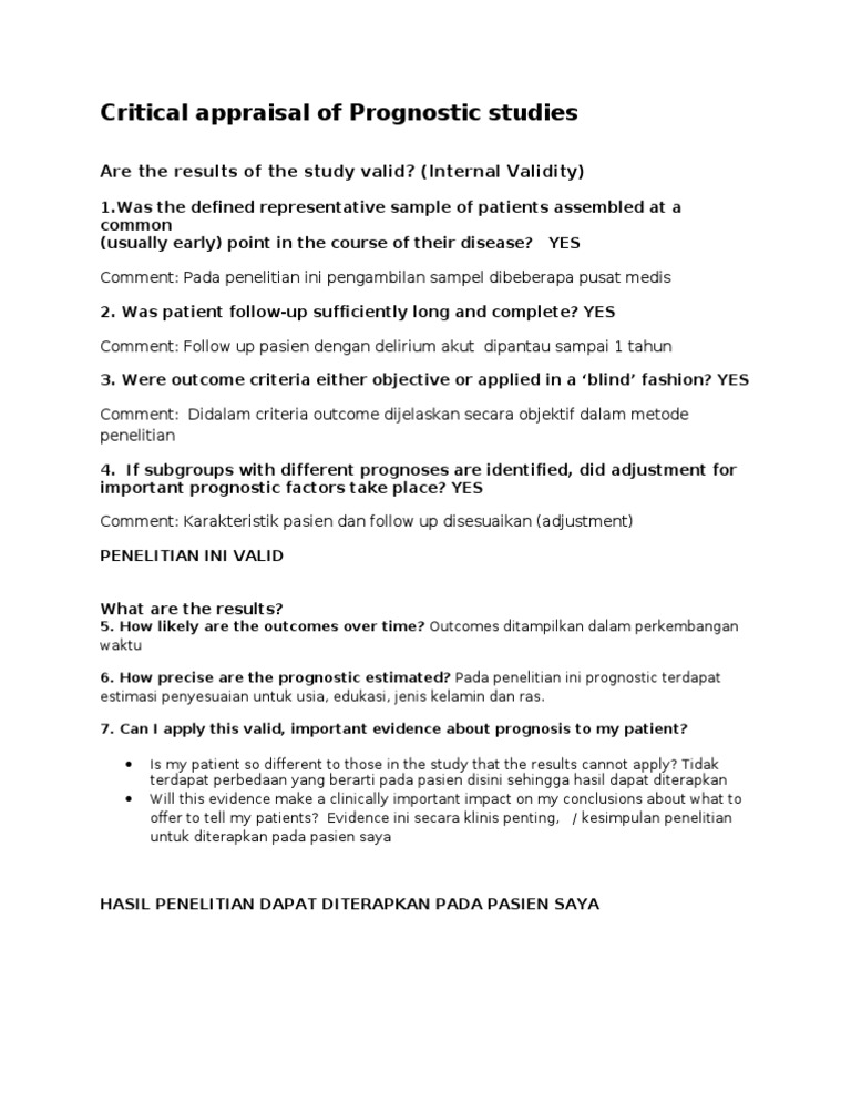 Critical Appraisal of Prognostic Studies | PDF | Wellness | Science ...