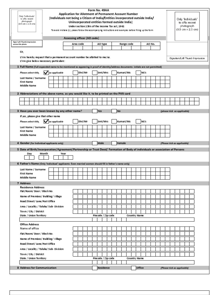 NEW PAN CARD Form 49AA - Foreign Citizen | PDF | Law