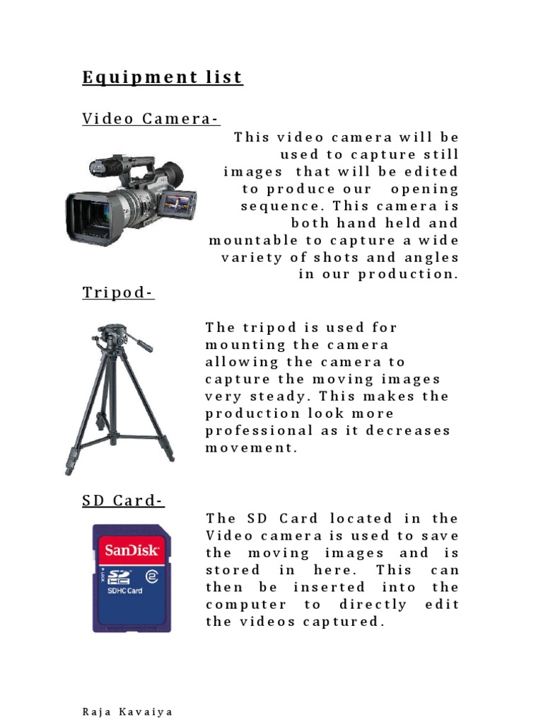 Equipment List: Video Camera | PDF