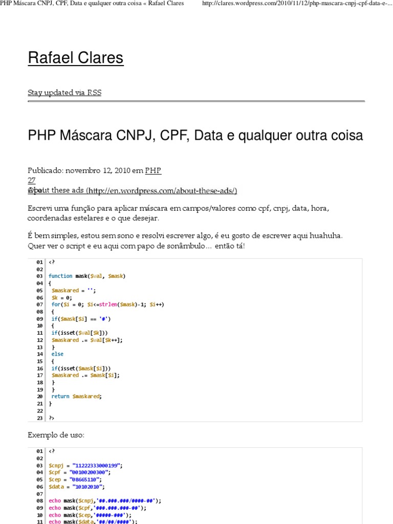 PHP Máscara CNPJ, CPF, Data e qualquer outra coisa « Rafael Clares Java Script World Wide 