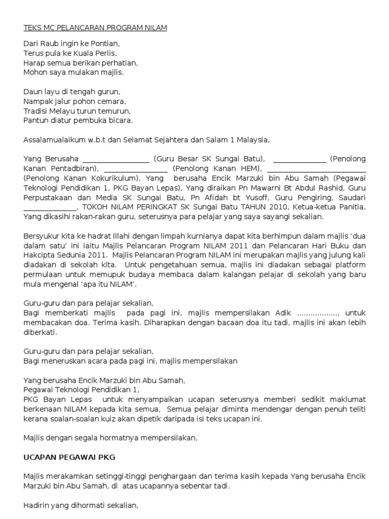 Teks Ucapan Pelancaran Program Nilam