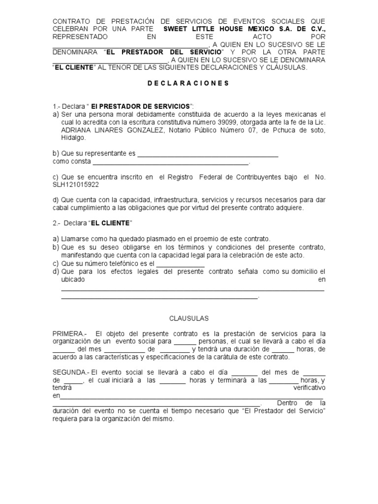 contrato de prestacion de servicio de eventos