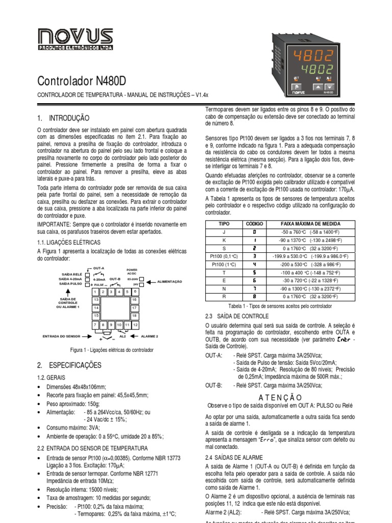 Manual do Controlador N480D Novus | PDF | Termopar | Temperatura