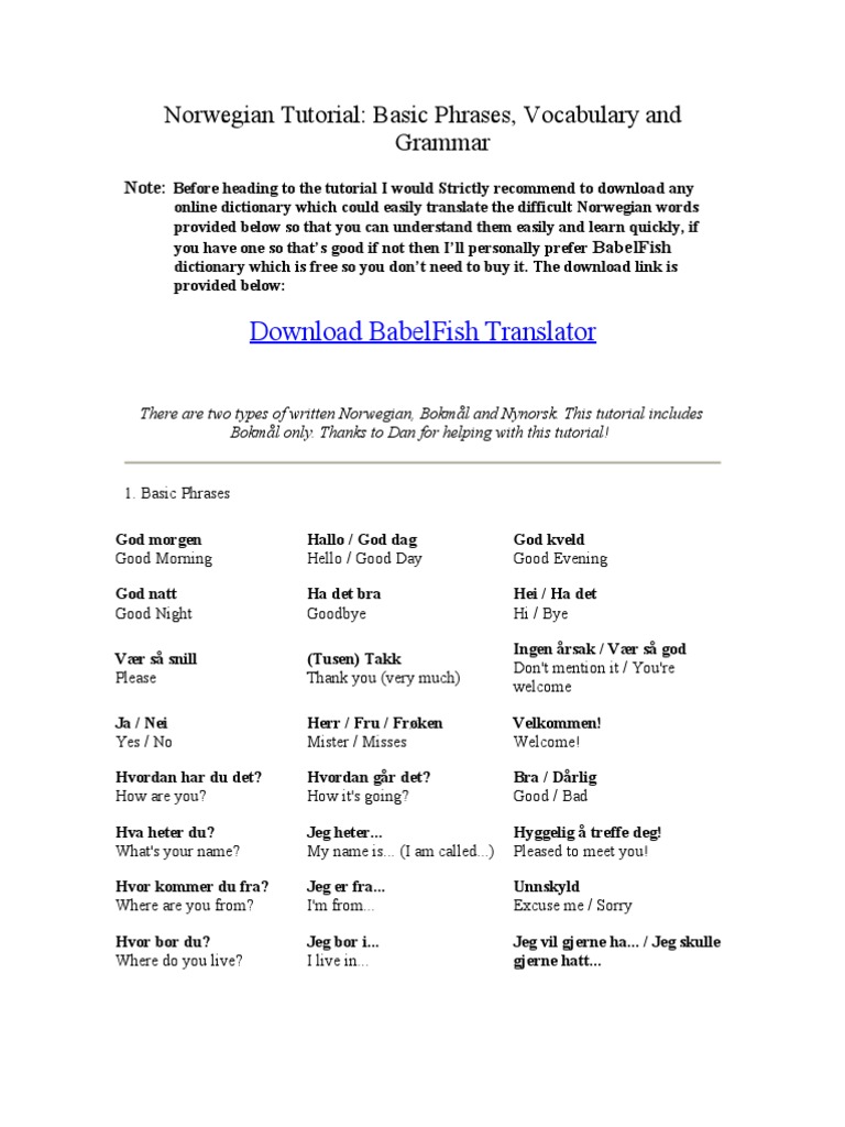 Norwegian Basics: Phrases & Grammar | PDF | Grammatical Gender ...