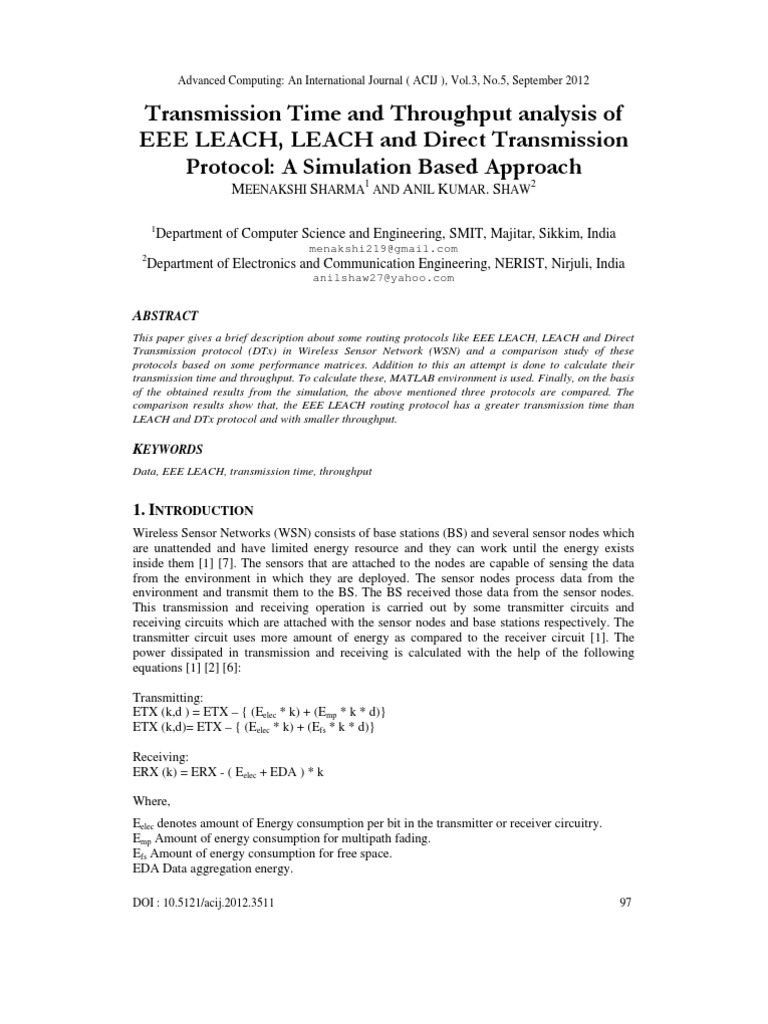 Transmission Time and Throughput Analysis of EEE LEACH, LEACH and