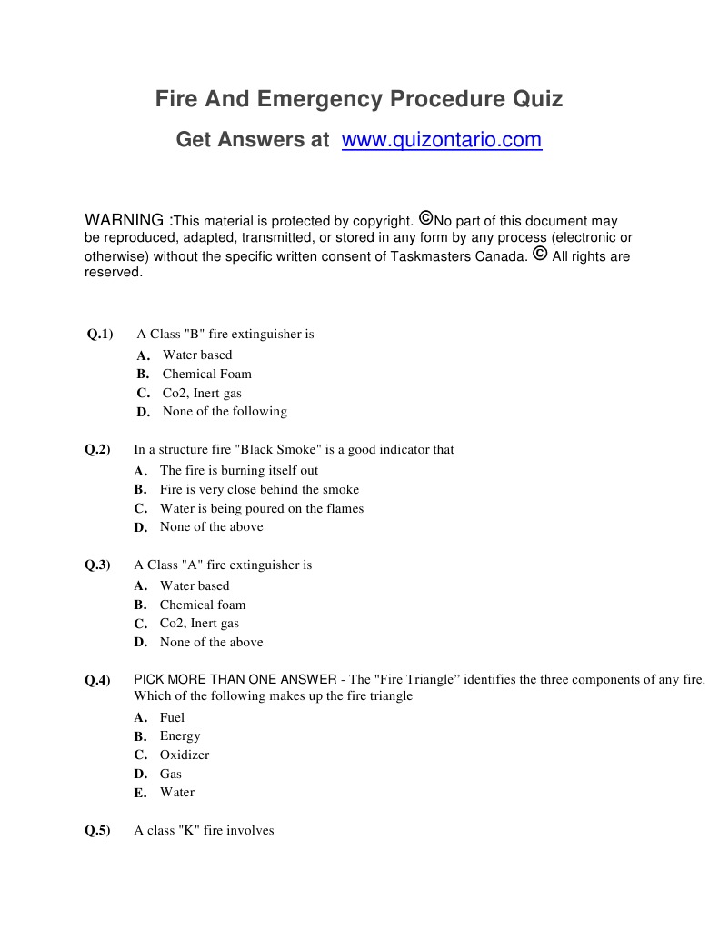 Fire and Emergency Procedure Quiz Ontario PDF Fires Energy Technology