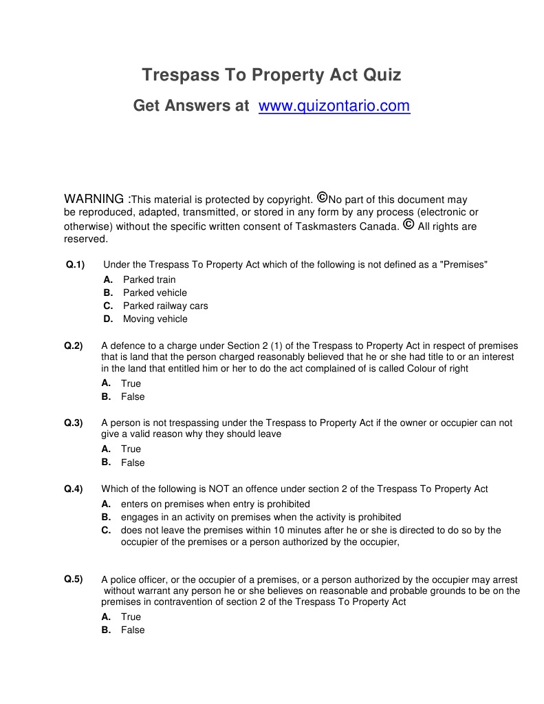 Trespass to Property Act Quiz Trespass Search Warrant
