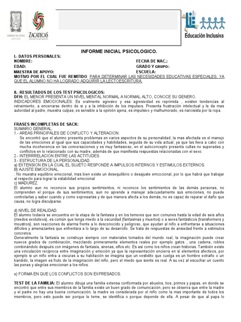 Educacion Especial Ejemplo Informe Psicologico 2012