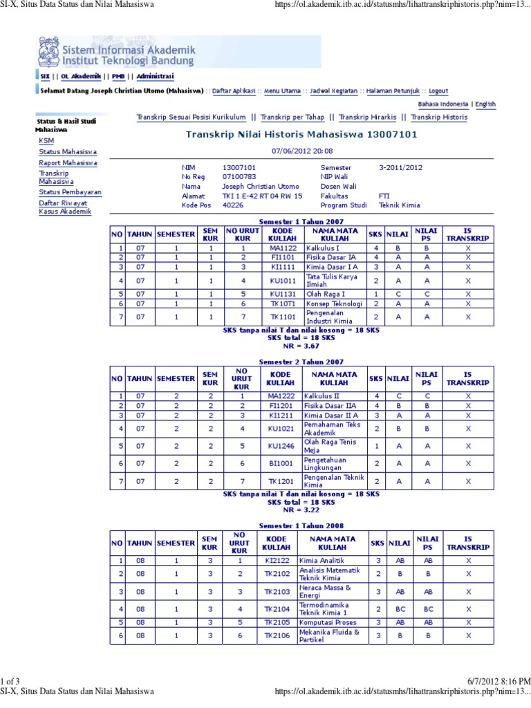 Transkrip  Nilai  Historis Mahasiswa 13007101 SIX OL 
