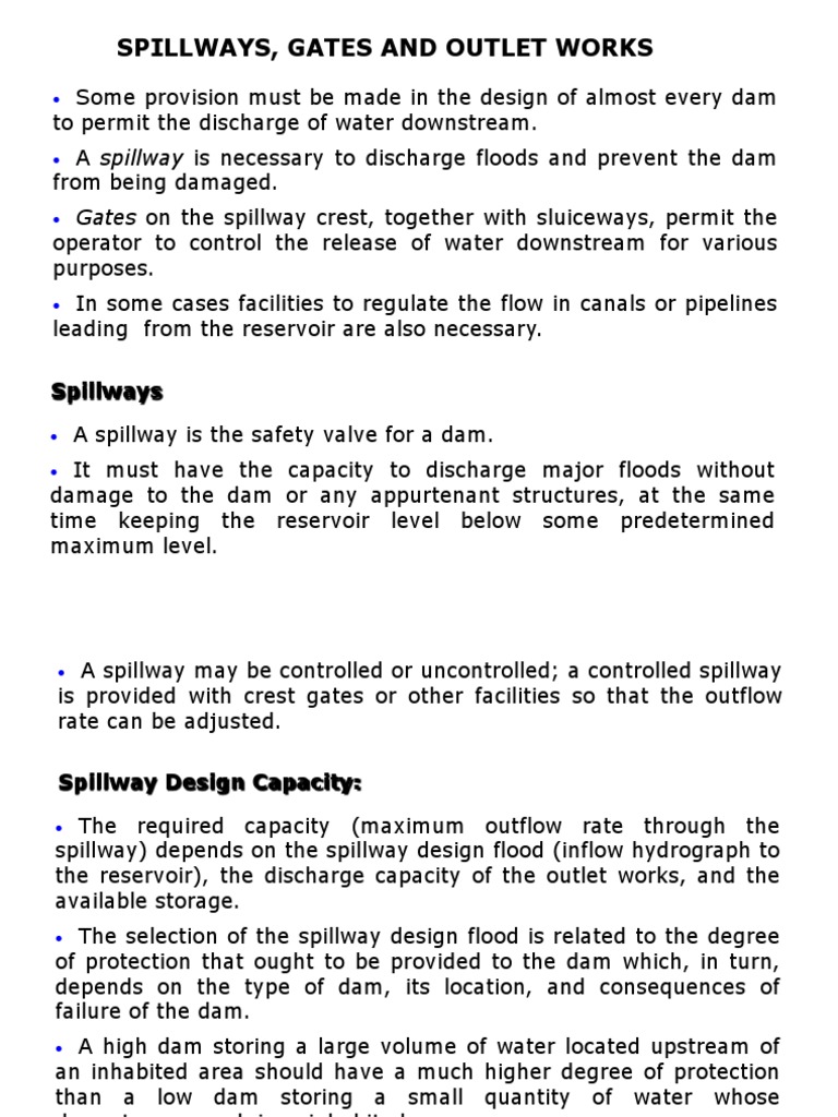 Spillways, Gates and Outlet Works | PDF | Spillway | Dam