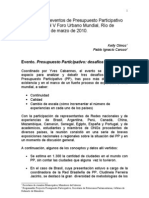 Informe sobre eventos de Presupuesto Participativo en el marco del V Foro Urbano Mundial, Río de Janeiro, 22-26 de marzo de 2010.