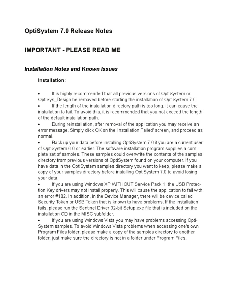 OptiSystem 7.0 Release Notes PDF Installation Programs