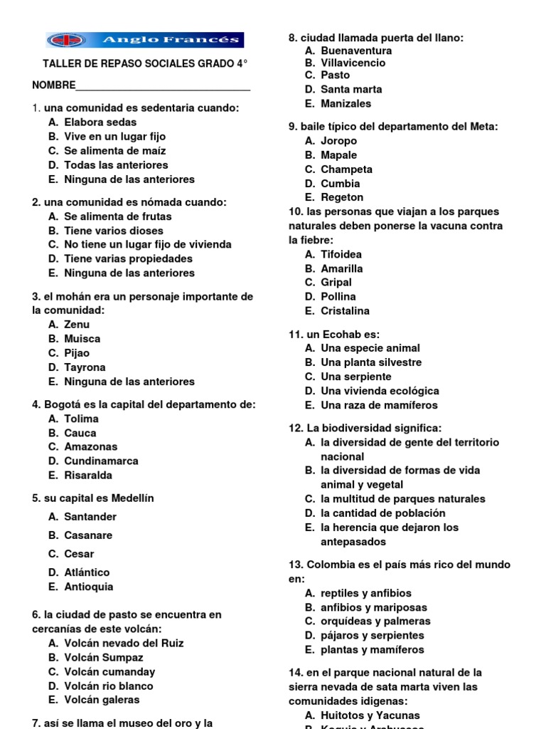 Taller de Repaso Ciencias Sociales 4° | PDF | Tierra | Agua